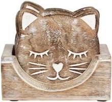 Sass & Belle Wooden Carved Cat Coaster - Set of 6