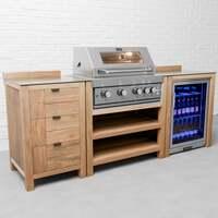 Draco Grills Teak 4 Burner Outdoor Kitchen with Modular Triple Drawer Unit and Single Fridge, Without Side Panels / End of June 2024