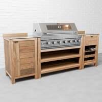 Draco Grills Teak 6 Burner Outdoor Kitchen with Modular Single Cupboard and Wine Cabinet, With Side Panels / End of June 2024