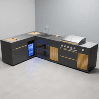 Draco Grills Scandic Line Modular Outdoor Kitchen with 5 Burner BBQ, Sink, Fridge and Corner 'L' Unit, Kitchen Only