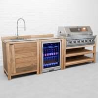 Draco Grills Teak 6 Burner Outdoor Kitchen with Modular Sink and Single Fridge, Without Side Panels / End of June 2024