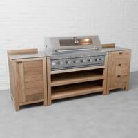 Draco Grills Teak 6 Burner Outdoor Kitchen with Modular Single Cupboard and Triple Drawer Unit, With Side Panels / End of June 2024