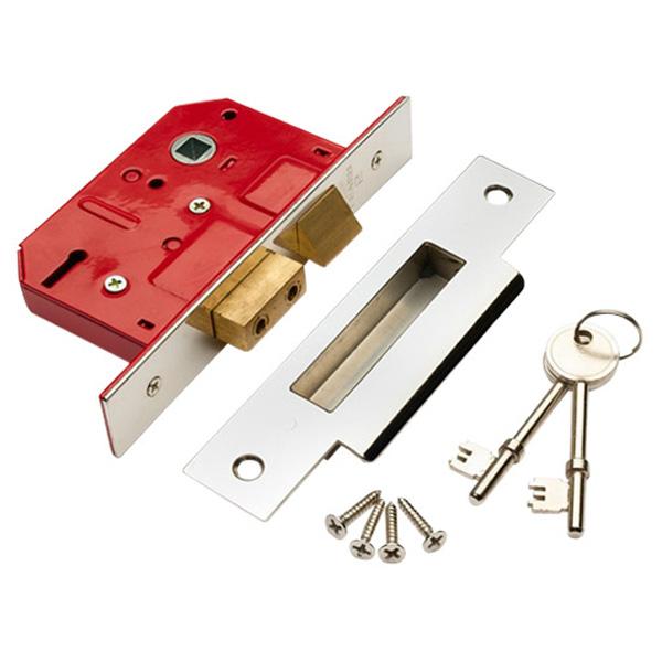 3-Lever Sashlock, 75mm with Chromed Strike Plate and 2 Keys, Red