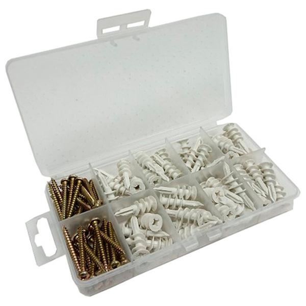 Assortment of Nylon Redi-Driva Cavity Wall Plugs & Screws, 200 Pieces in a 10 Compartment Carry Case.