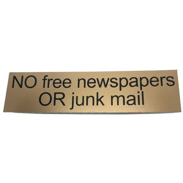 Peelable "No Free Newspapers Or Junk Mail" sign - Gold Background, 200 x 50mm