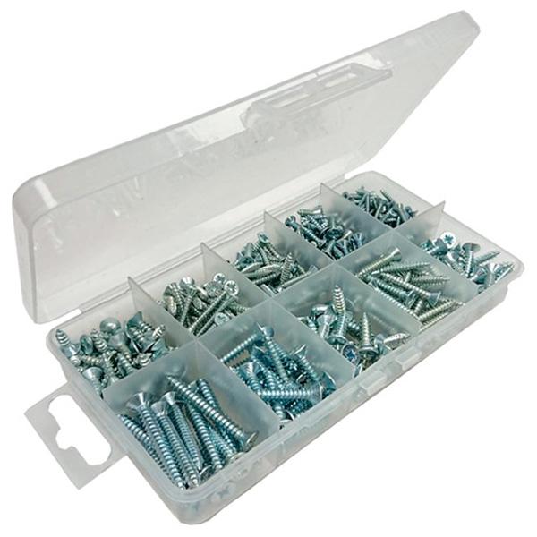 Assortment of BZP Pozi CSK Head Self Tapping Screws, 615 Pieces in a 10 Compartment Carry Case.