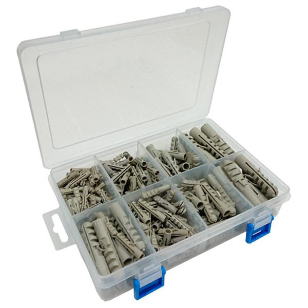 Assortment of Grey Heavy Duty Rimless Nylon Wall Plugs, 350 Pieces in a 8 Compartment Carry Case.