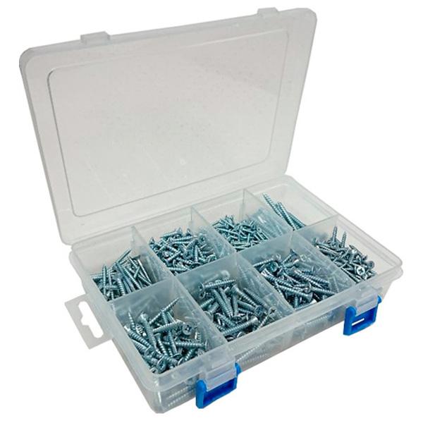 Assortment of BZP Pozi CSK Head Twin Thread Woodscrews, 780 Pieces in a 8 Compartment Carry Case.