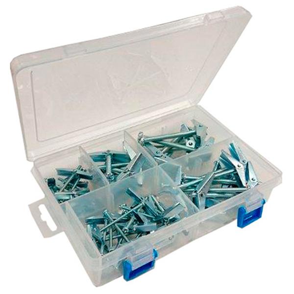 Assortment of Wing Spring Toggles & Machine Screws, 47 Pieces in a 10 Compartment Carry Case.