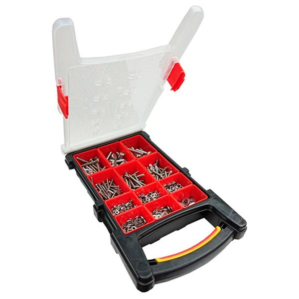 Assortment of BZP Machine Screws, Hex Nuts & Flat Washers, 780 Pieces in a 12 Compartment Carry Case.