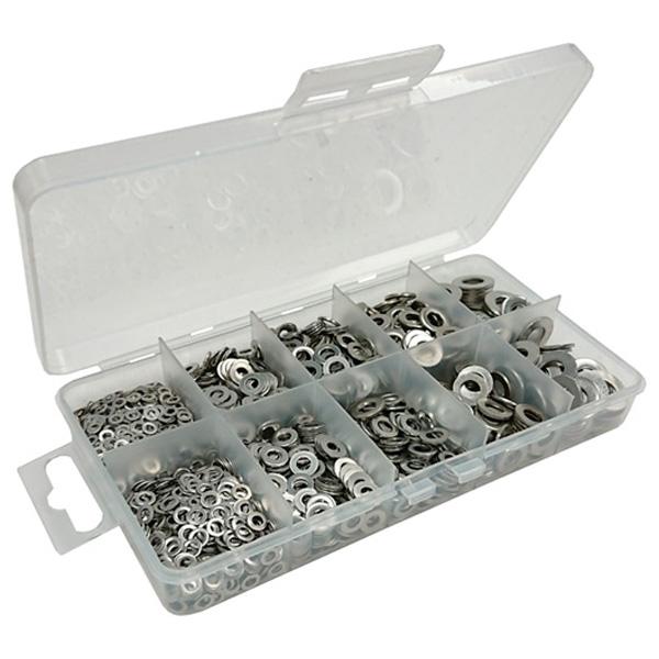 Assortment of Marine Grade AISI 316 Stainless Steel Flat Washers, 500 Pieces in a 10 Compartment Carry Case.