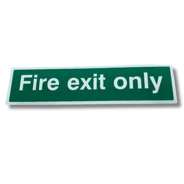 Peelable "Fire Exit Only" sign - Green Background, 200 x 50mm