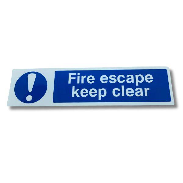 Peelable "Fire Escape Keep Clear" sign - Blue Background, 200 x 50mm