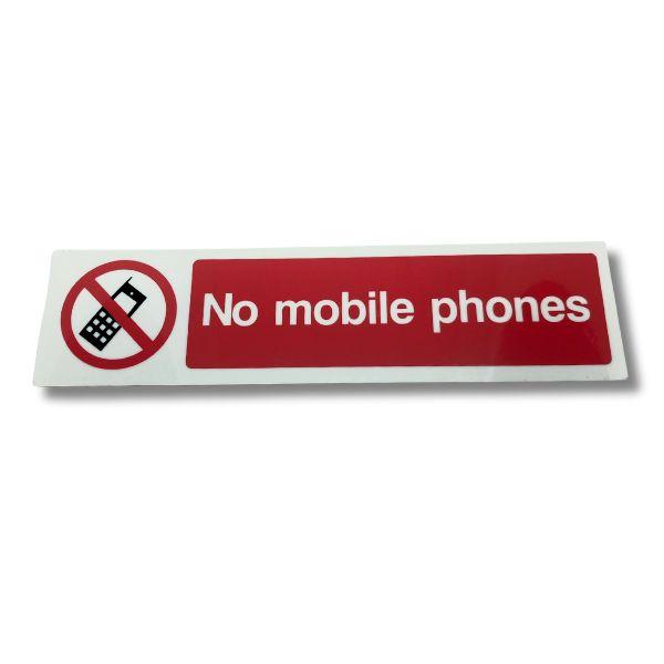 Peelable "No Mobile Phones" sign - Red Background, 200 x 50mm