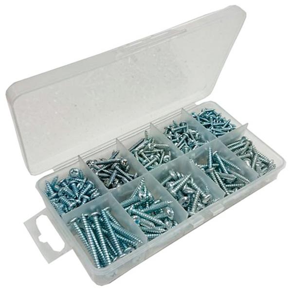 Assortment of BZP Pozi Pan Head Self Tapping Screws, 270 Pieces in a 10 Compartment Carry Case.