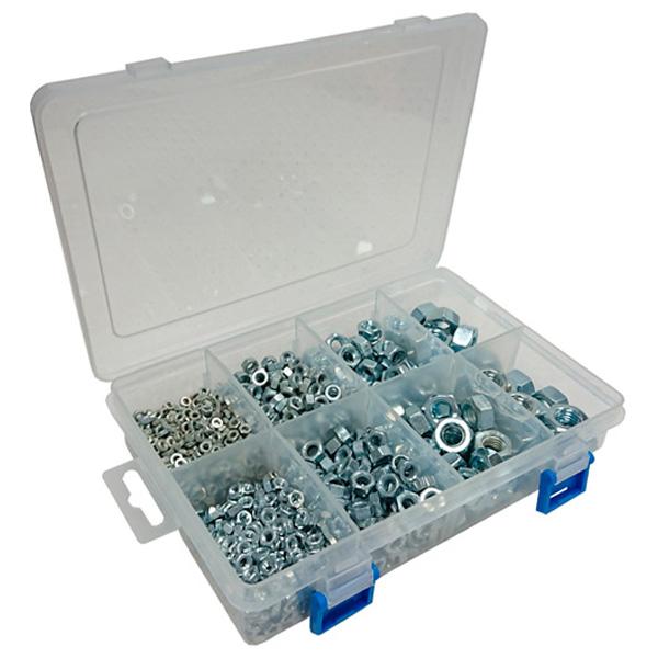 Assortment of BZP Steel Hex Nuts, 925 Pieces in a 8 Compartment Carry Case.