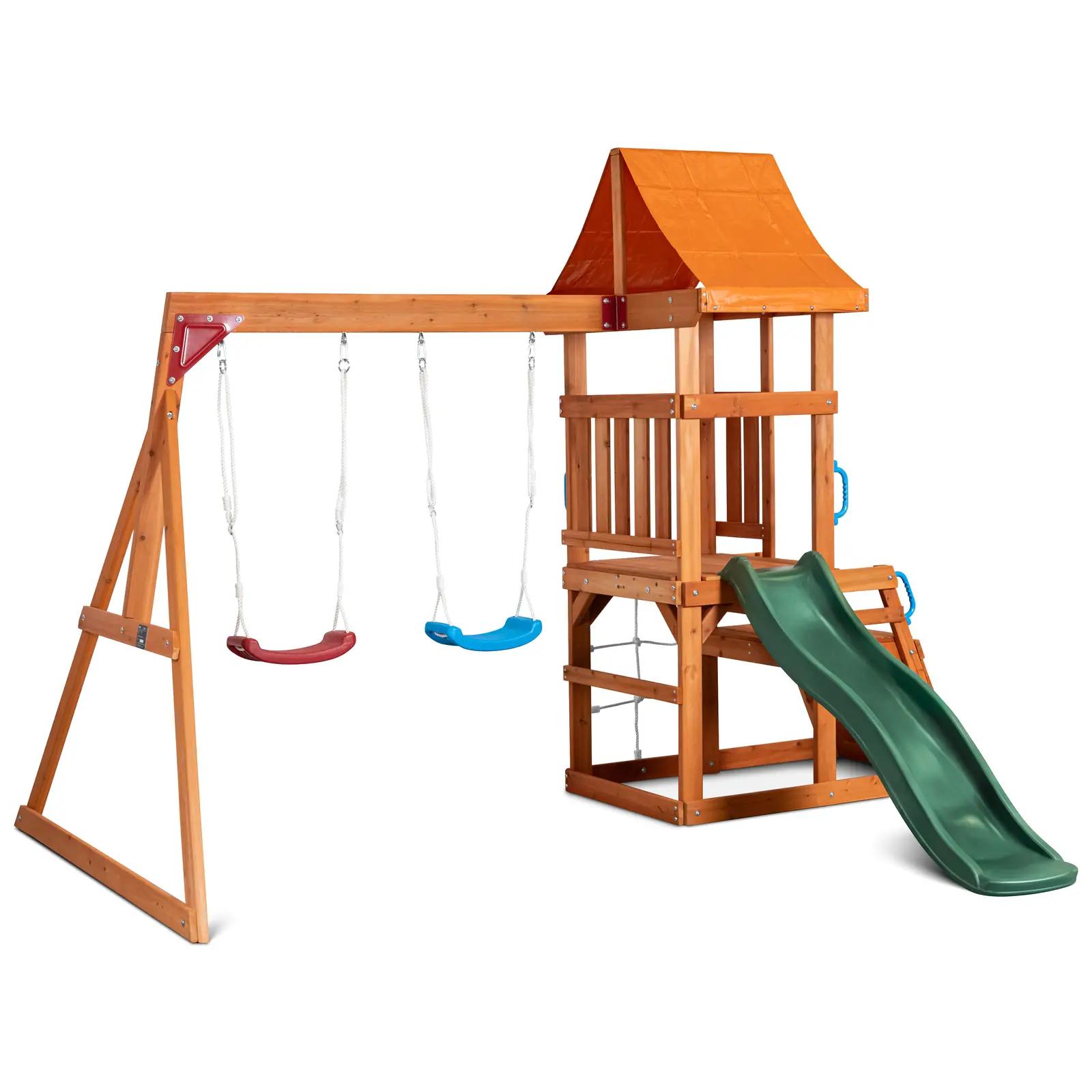 Climbing Frame - Platform - 2 Swings - Climbing Wall - Slide - Climbing Net