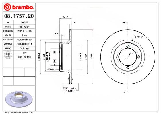 BREMBO Brake Disc SKODA: Estelle 9mm 4 Solid 08.1757.20 113430210 Brake rotor, Brake discs, Brake Rotors