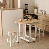 Homcom 3pc Wooden Kitchen Cart Mobile Rolling Trolley Folding Bar Table Two Stools Dining Chair Storage Shelf W/2 Drawers & 6 Wheels