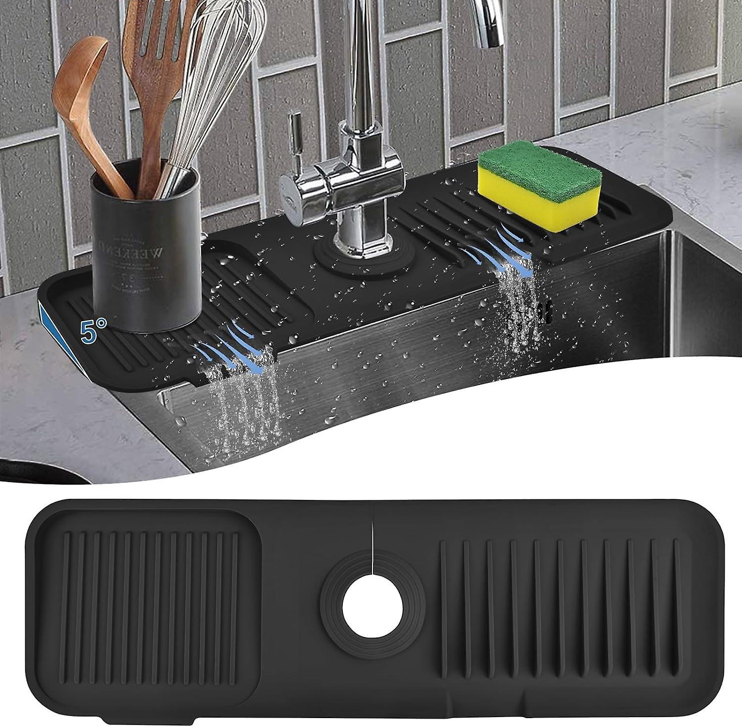 Fongwan Kitchen Sink Splash Guard Mat, Silicone Faucet Drip Catcher Tray, Kitchen Sink Organizer Mat, Faucet Sink Protectors Drying Mat black 61x14cm