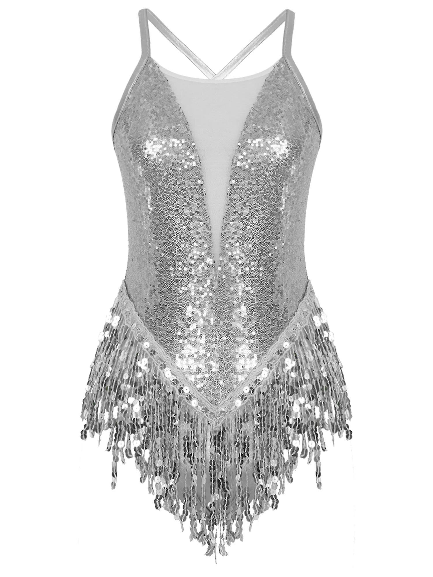 Aionyaaa Womens Sparkling Sequins Tassels Cha-cha Samba Latin Dance Leotard Bodysuit Skating Gymnastics Jumpsuit Performance Costume L Silver