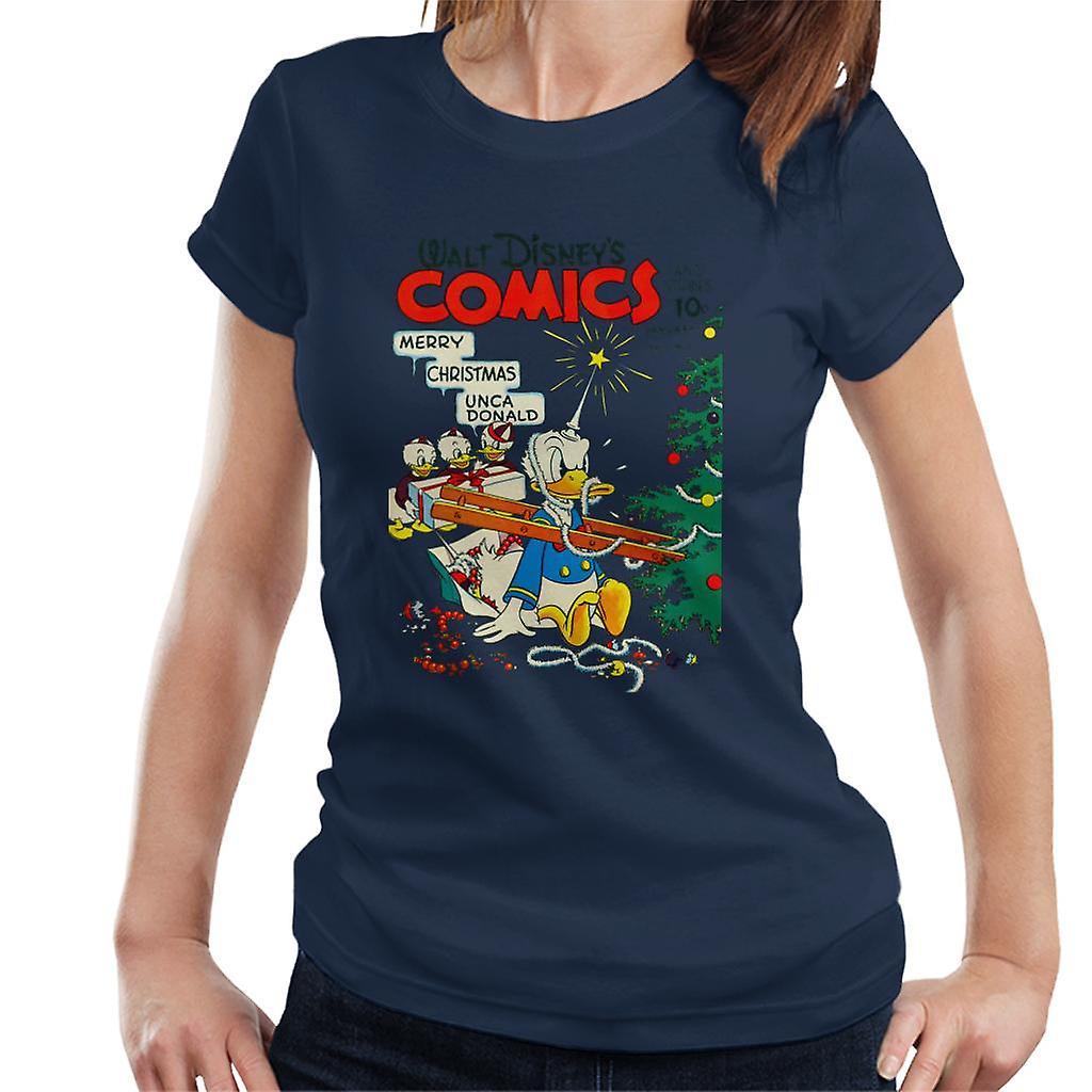 Disney Christmas Donald Duck Xmas Tree Chaos Women's T-Shirt Navy Blue Large