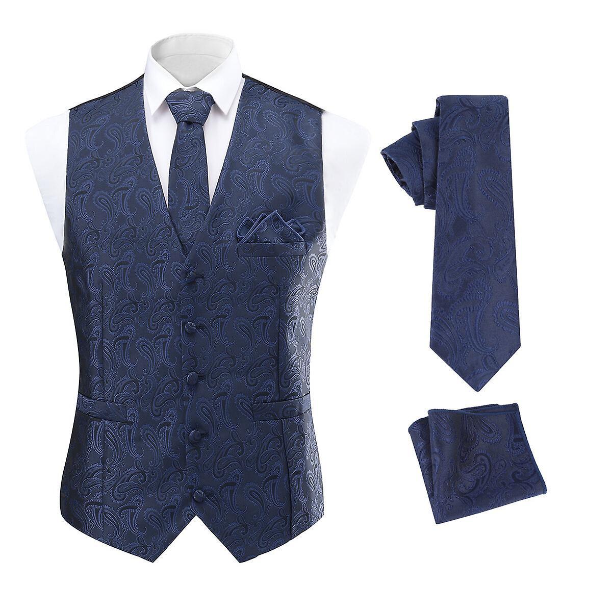 Allthemen Mens 3-Piece Vest Tie Set Wedding Paisley Jacquard Suit Vests&Tie&Pocket Square Blue S