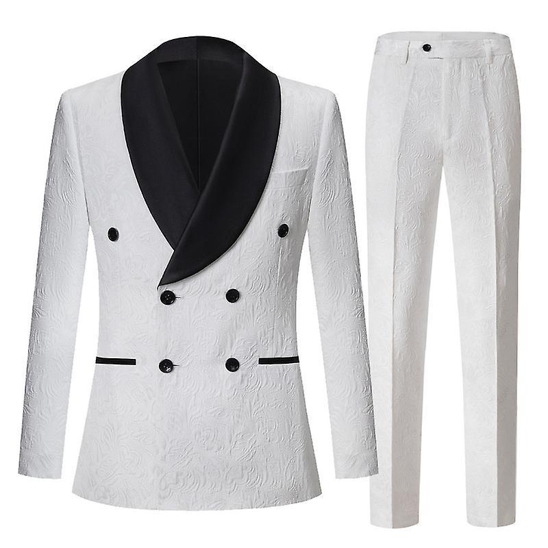 Kissqiqi Mens 2 Piece Suit, Slim Fit Double Breasted Blazer And Pants Tuxedo White M