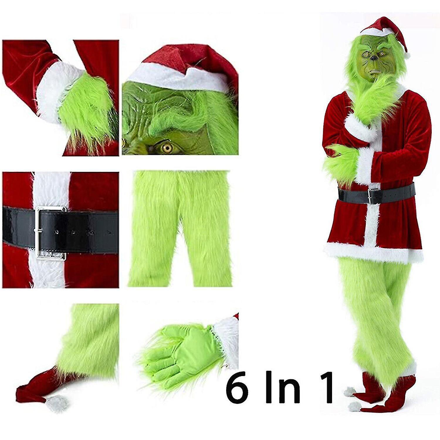 Lequeen 6 In 1 Christmas Grinch Green Monster Costume Adult Santa Suit Set Xmas Partycarnival L Complete set