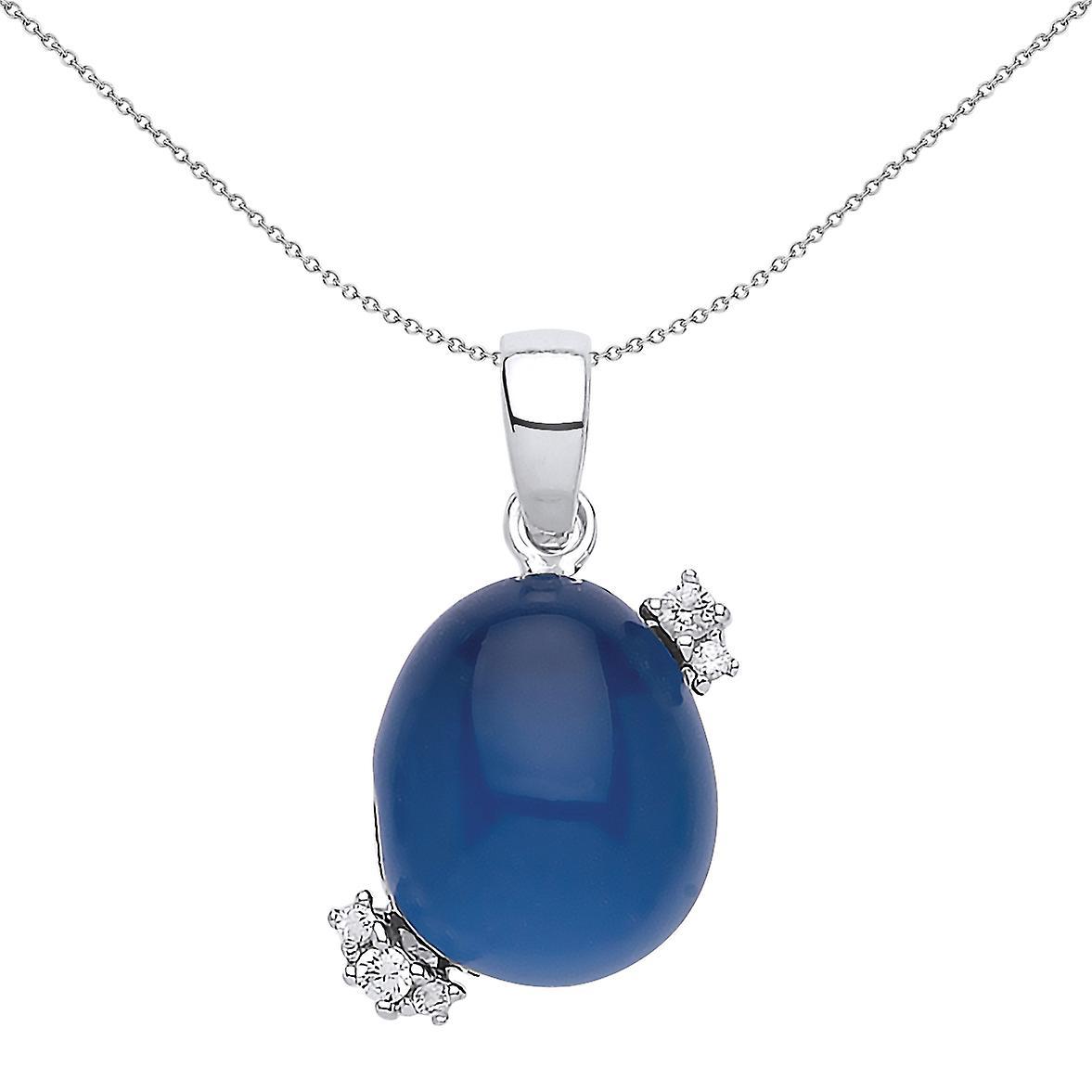 Jewelco London Ladies Sterling Silver Sapphire-Blue Oval Quartz Pebble Pendant Necklace 18 inch