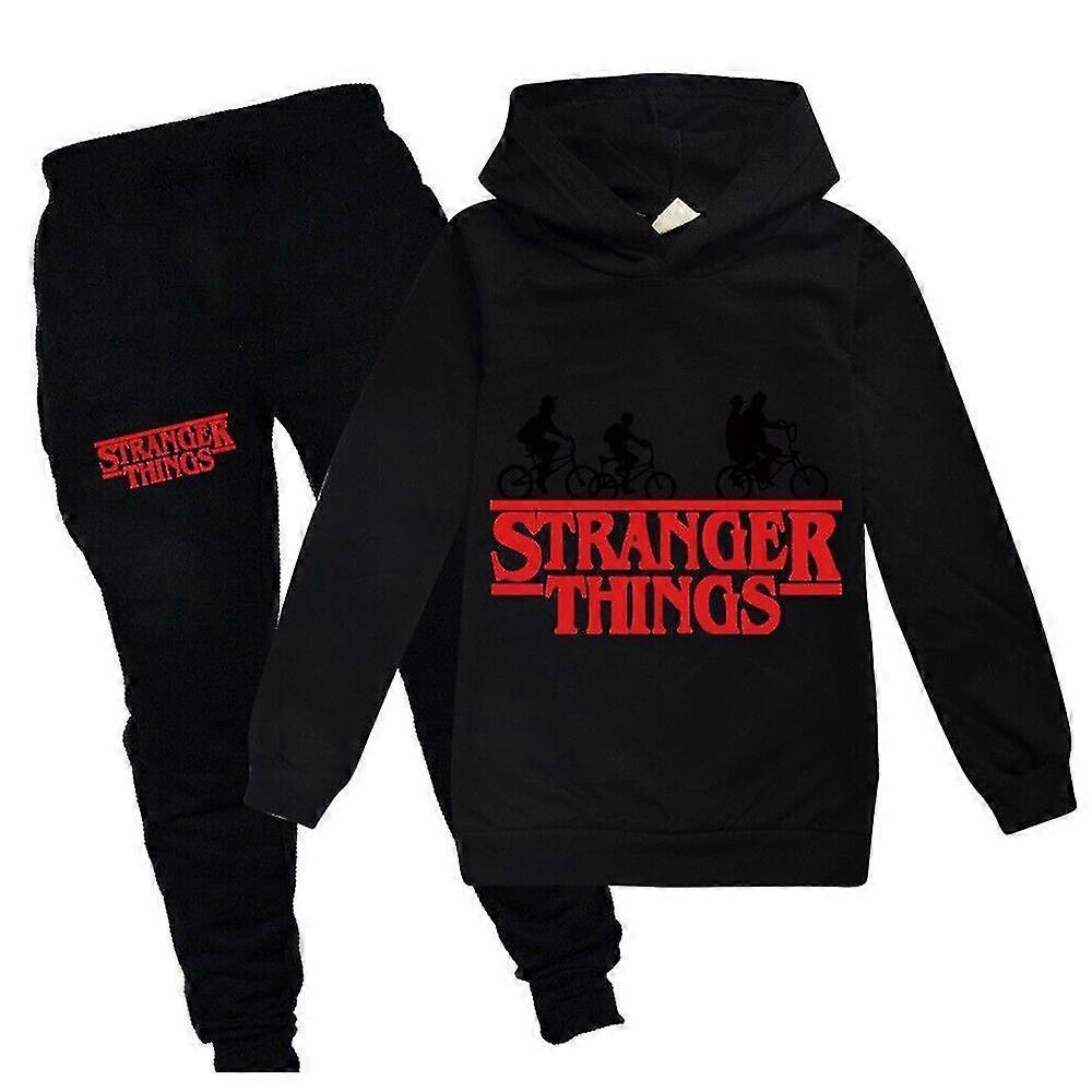 Unbrand 9-14 Years Kids Stranger Things Tracksuit Sports Hoodie + Sweat Pants Set Black 13-14  Years