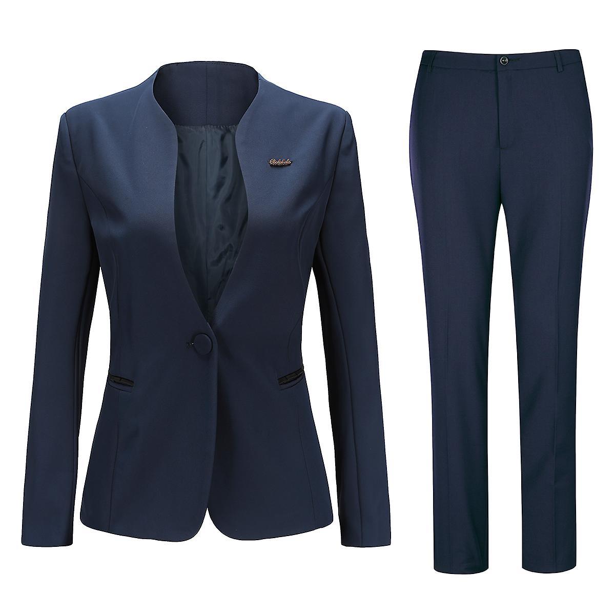 Allthemen Womens 2-Piece Professional Office Lady Collarless Business Suit (Blazer + Pants) Navy Blue M