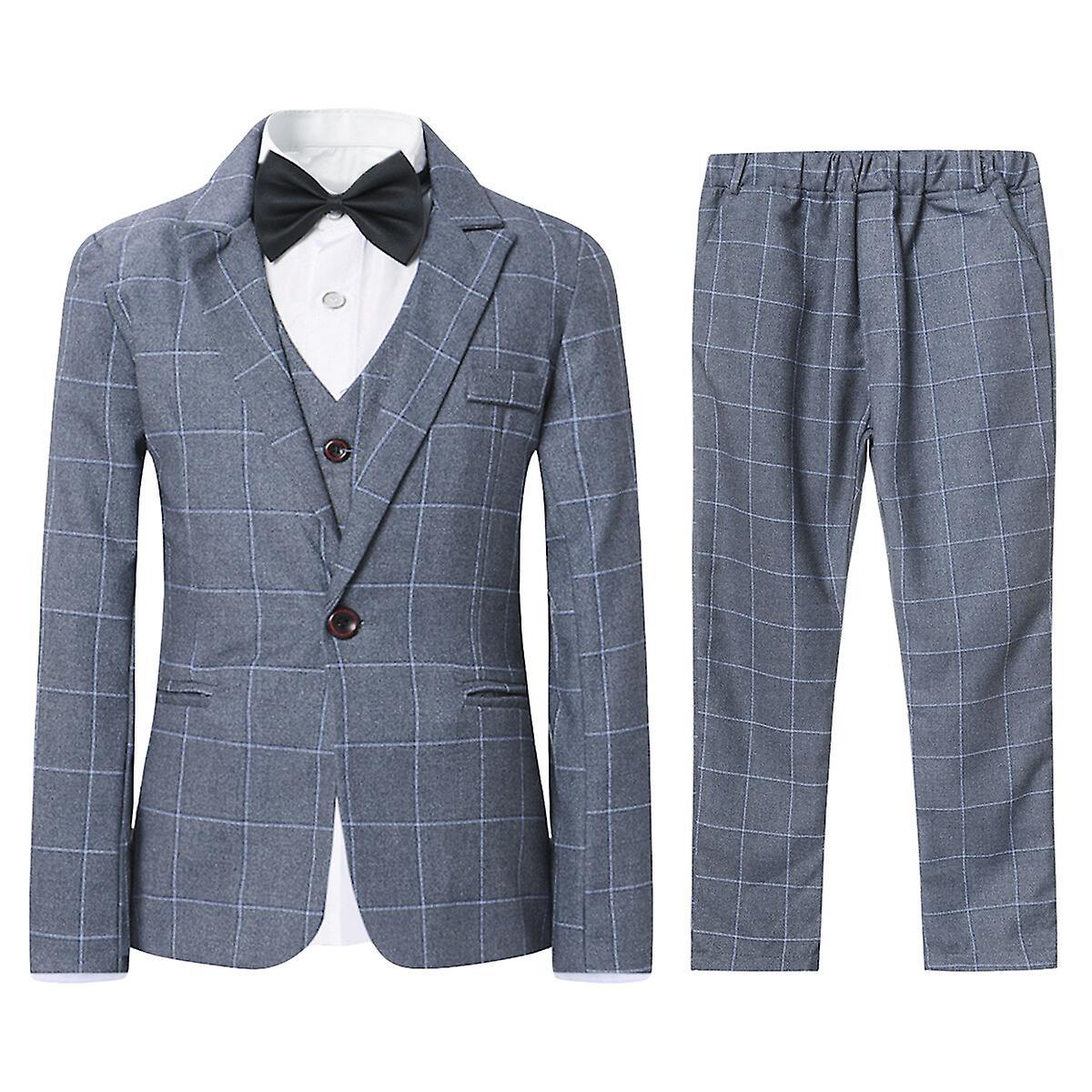 Sliktaa Boys 3 Piece Business Suit Plaid Wedding Blazer and Waistcoat and Pants Grey 150CM