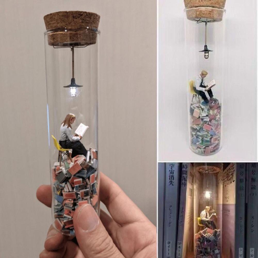 Bestdaily 2024 "A Reading Man in a Test Tube" Creative Perspective Drawing Resin Reader Model Book Club Diorama Decoration Gift Female