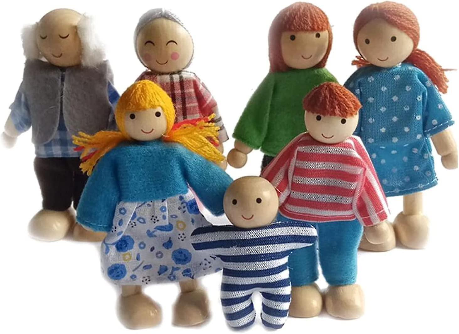 7 Pack Wooden Doll House Family Dollhouse Dolls Family Pretend Play Figures, Family Role Play Pretend Play Mini People Figures (stripe People) Xixi