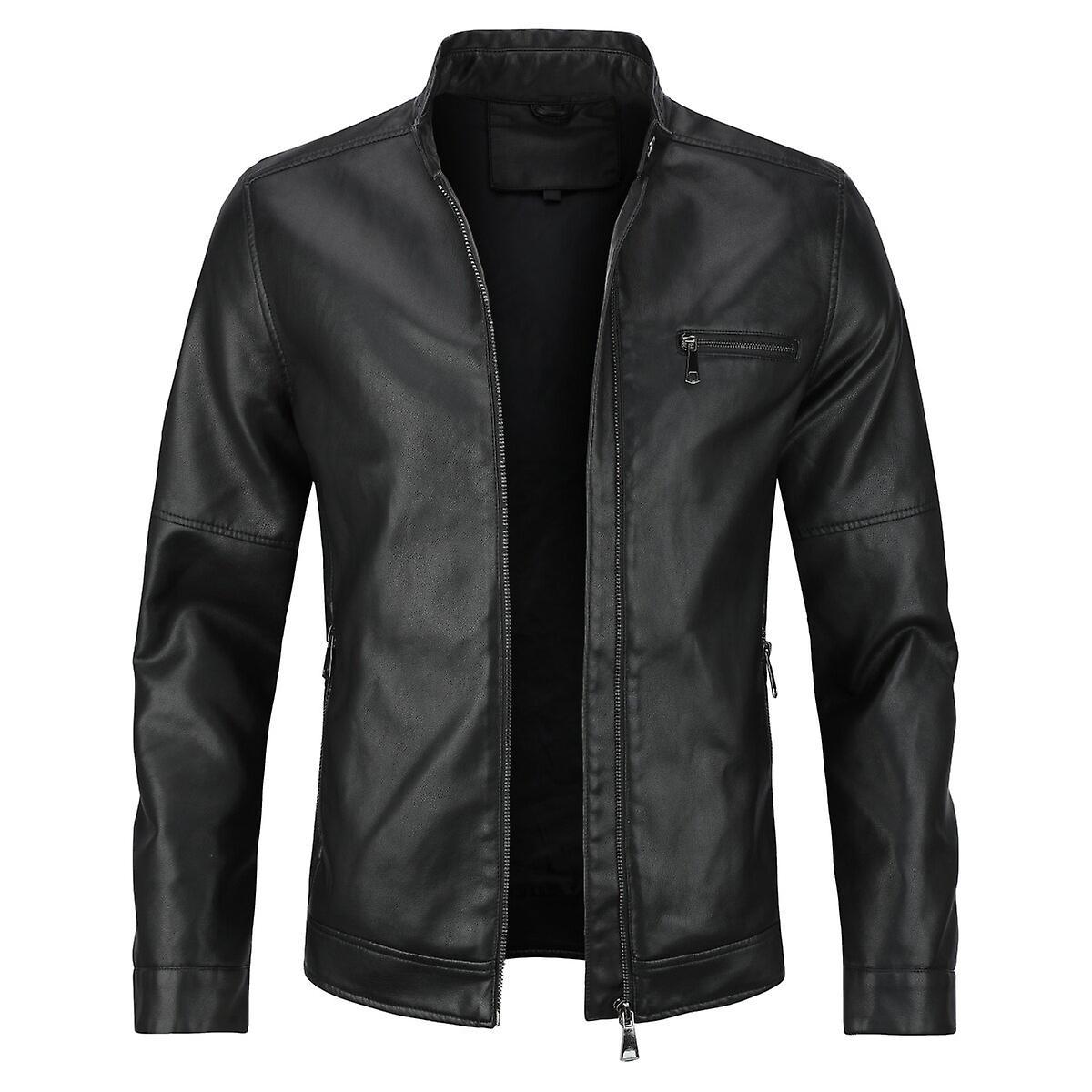 Sliktaa Sliktta Mens Stand Collar Zip Pocket Leather Jacket Black L