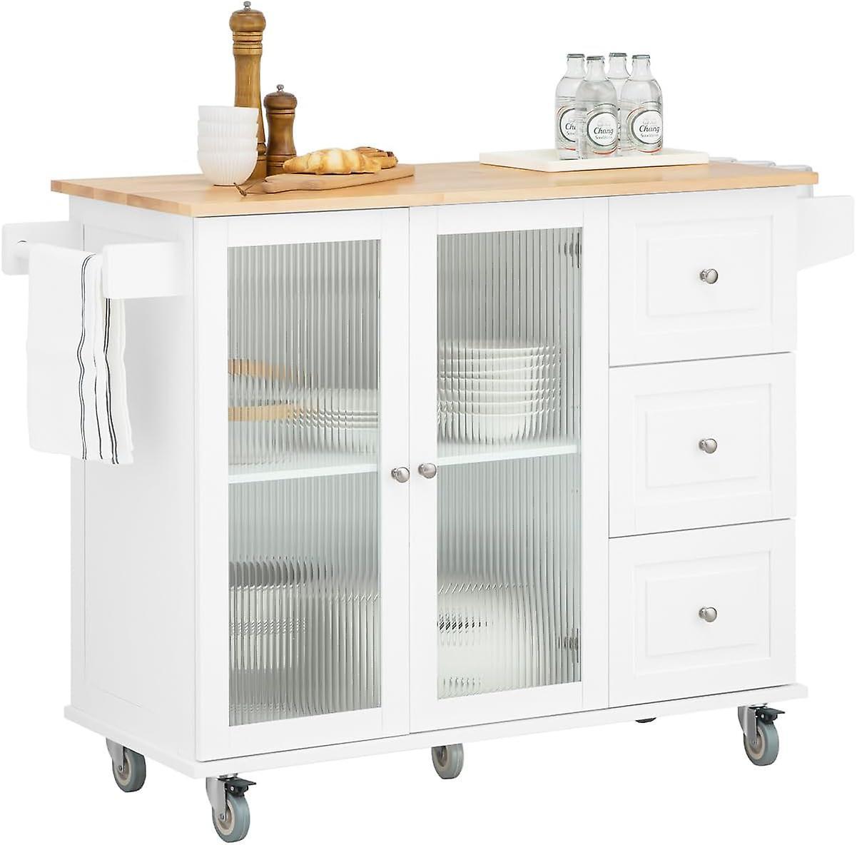 SoBuy Kitchen Island Kitchen Cabinet Cupboard Sideboard on Wheels,FKW120-WN White+Natural