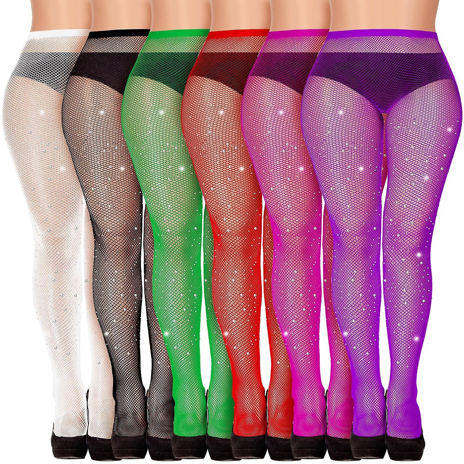 Langray 6 Pairs Rhinestone Fishnet Stockings Glitter Fishnet Tights Pantyhose High Waist Mesh Stockings for Women Girls