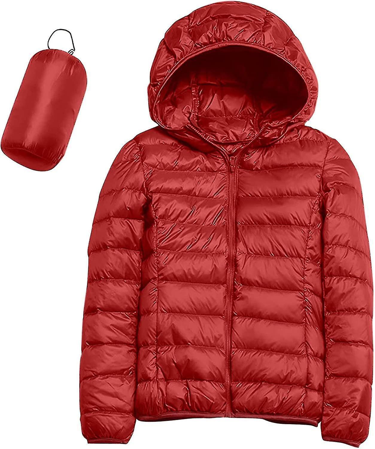 Ceisv Womens Casual Lightweight Hooded Down Jacket Packable Puffer Coats Ultra Light Weight Short Down Jacket With Storage Bag J-red Large