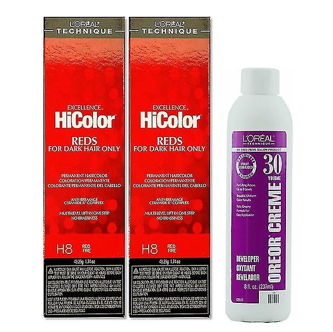 L'Oreal Hicolor H8 Red Fire Hair Colour (2 Pack) With 30 Volume Developer 8oz