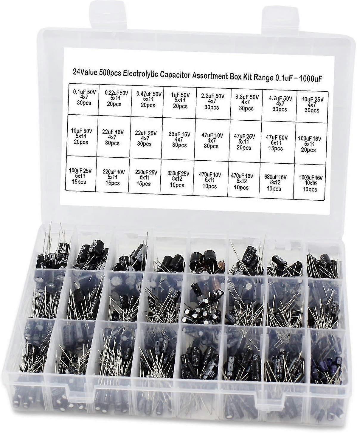 Lertenys 500pcs Aluminum Kit Scope Electrolytic Capacitor Assortment Box Include 0.1uf-1000uf