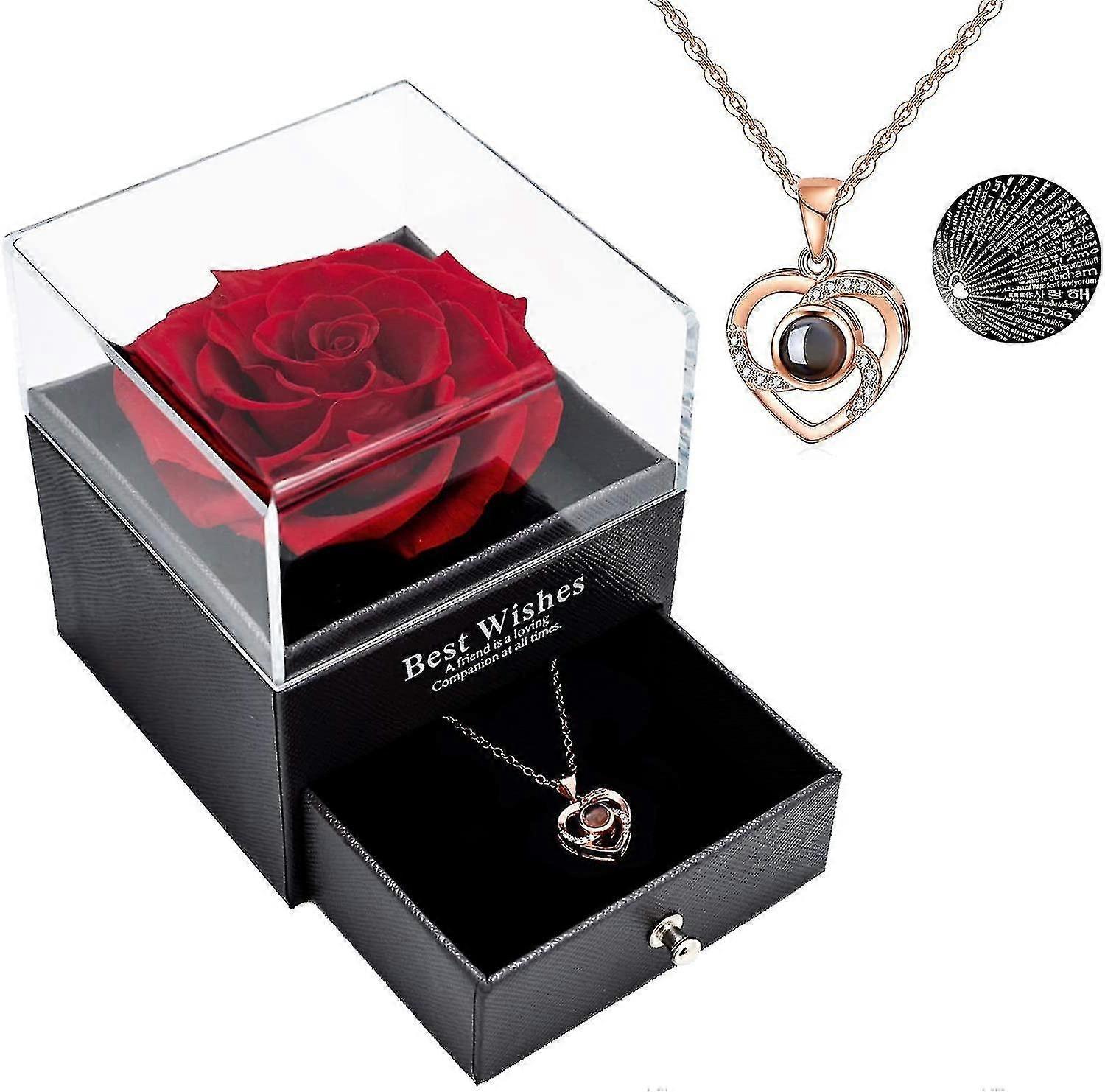 Santic Preserved Real Rose With Love You Necklace In 100 Languages Gift Set, Enchanted Real Rose Flower For Valentine's Day Anniversary Wedding Bth...