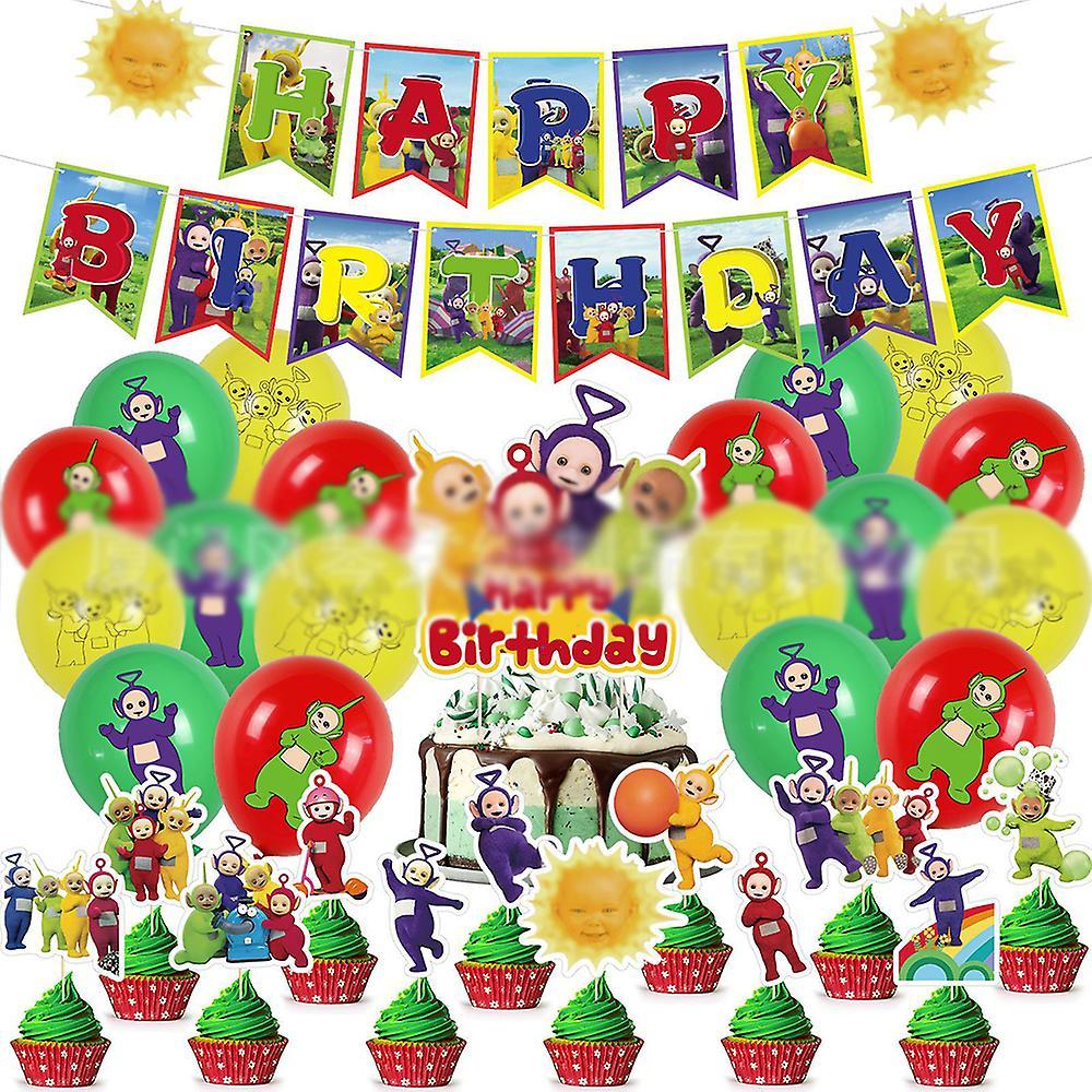 Vicbuy Teletubbies Theme Birthday Decoration Party Supplies Includes Happy Birthday Banner Balloons Cupcake Toppers Cake Topper For Kids Fans