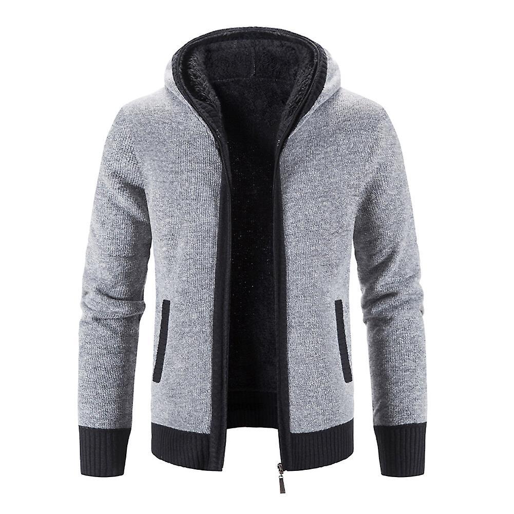 Sliktaa Mens slim fit sweatshirt hooded fleece lined knitted cardigan Light grey L