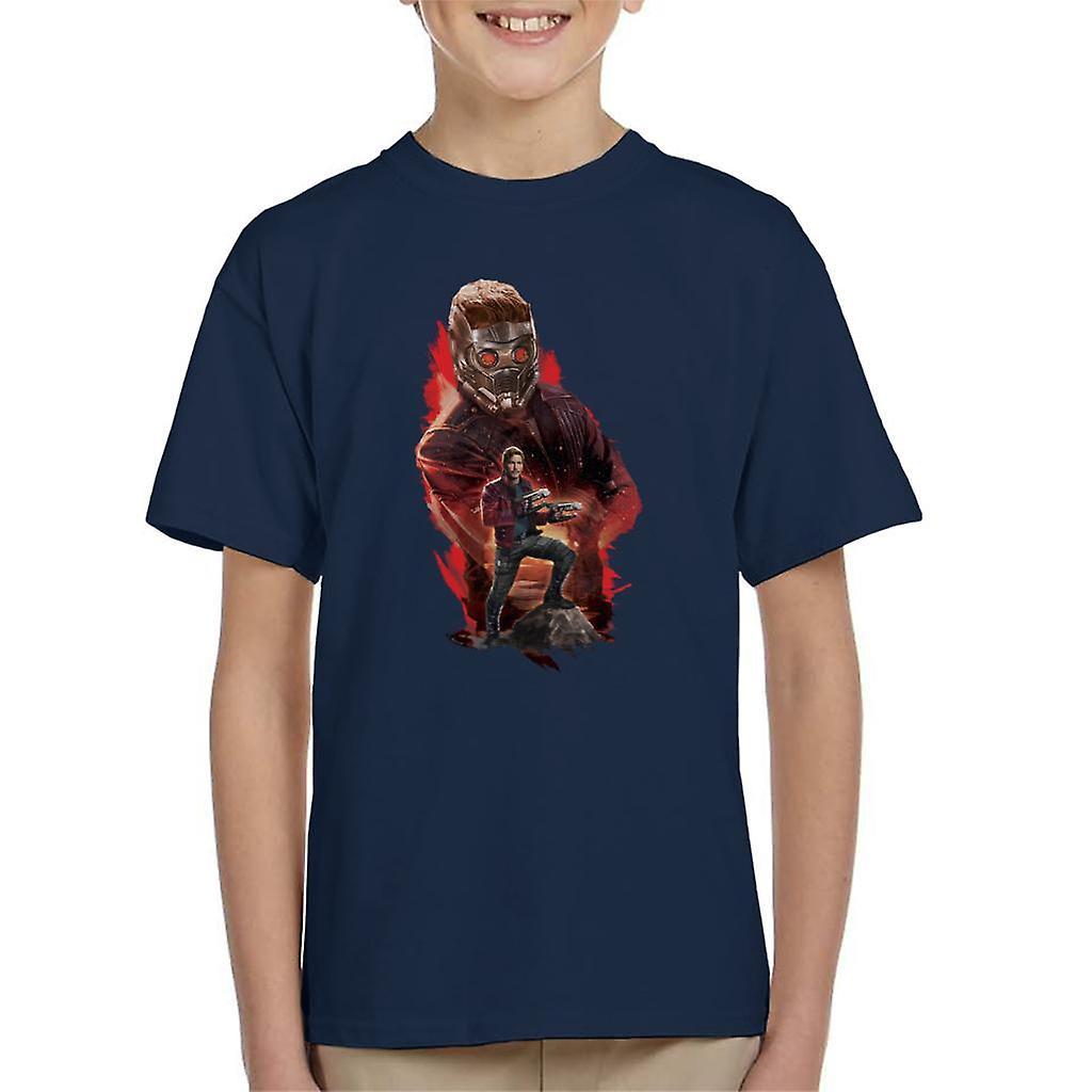 Marvel Guardians Of The Galaxy Vol 2 Star Lord Montage Kid's T-Shirt Navy Blue Small (5-6 yrs)