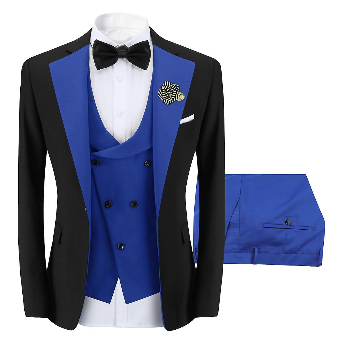 Sliktaa Mens 3 Piece ColorBlock Suits Dress Wedding Party Blazer and Waistcoat and Pants Blue 2XL