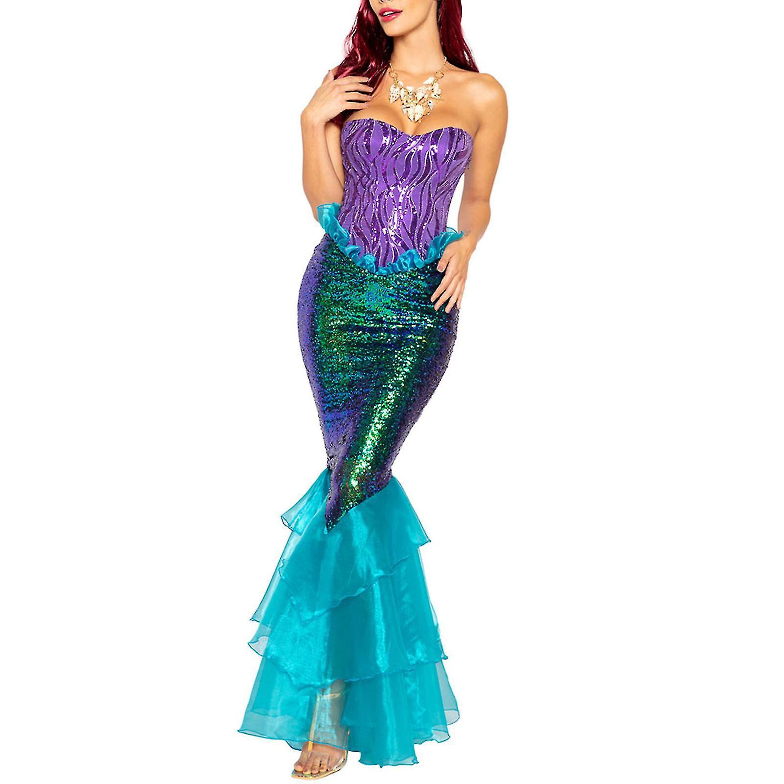 DUqi Anime Sexy Mermaid Ariel Princess Costumes Adult Women Halloween Mermaid Masquerade Uniforms Dress Up Fancy Sequins Ruffle Dress V L