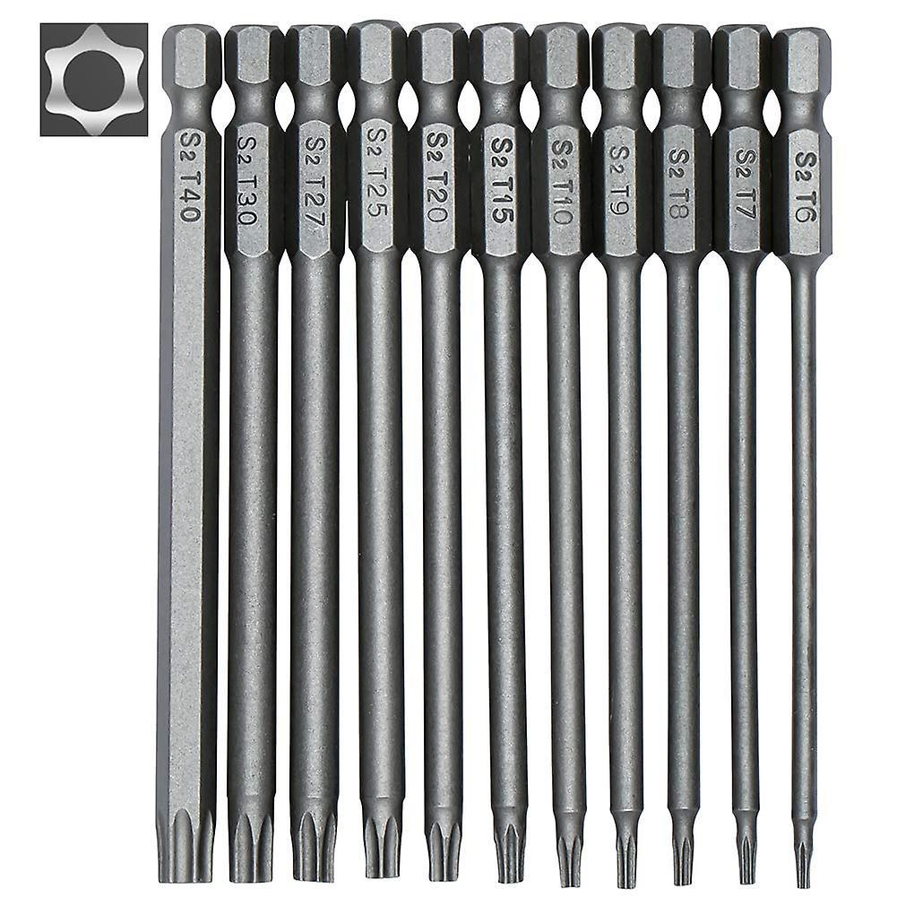 Augro Set Of 11 Long Torx Bits For Screwdrivers And Electric Screwdrivers - Magnetic Bits - 1/4" Hex Shank - Sizes T6 To T40 - Length 100mm