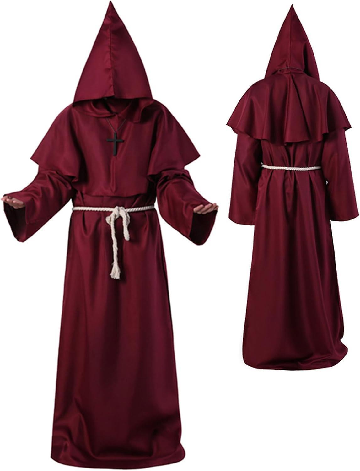 Maromalife Unisex Adult Medieval Robe Costume Monk Hooded Robe Cloak Friar Priest Wizard Halloween Tunic Costume 3pcs Burgundy XX-Large