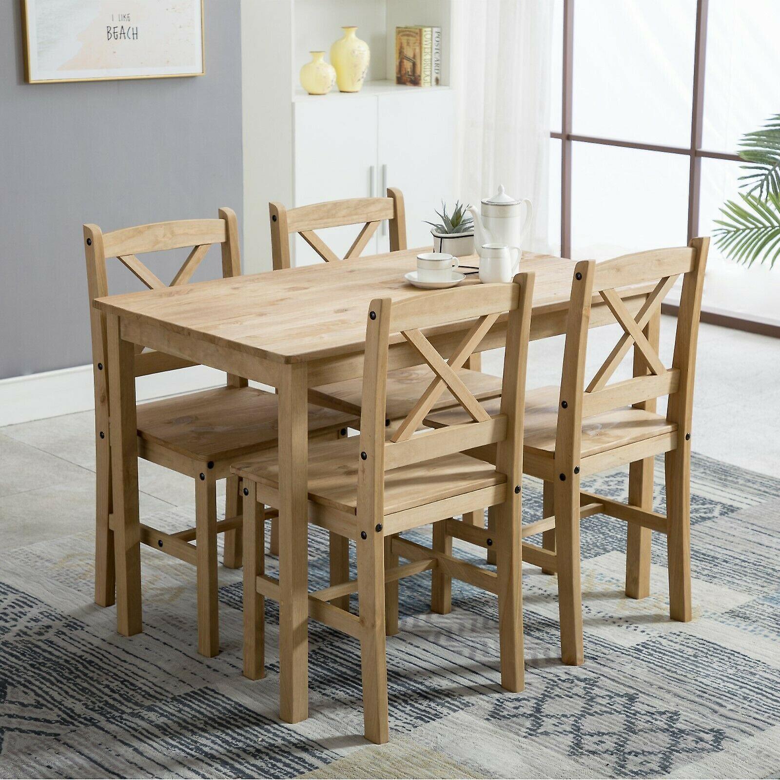 mcc direct Classic Solid Wooden Dining Table and 4 Chairs Set NATURAL NATURAL BEIGE